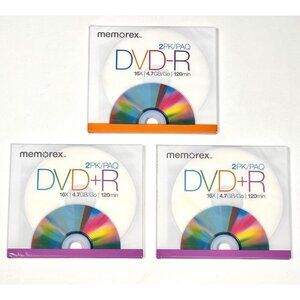 LOT 3 MEMOREX 2pk (6 Total) 16X 4.7GB/Go 120min DVD+R DVD Plus R NIP NEW Sealed